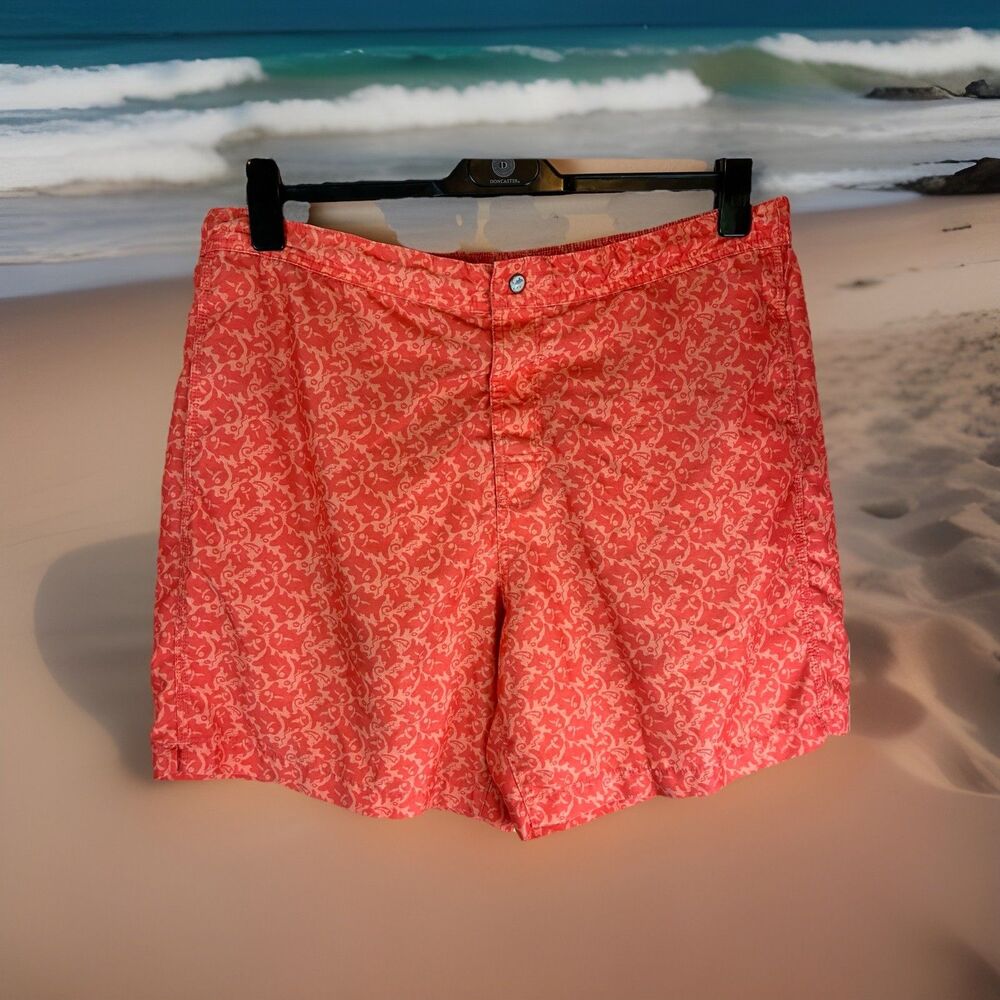 Southern Tide Tide Skipjack Swim Shorts Orange Geometric Fish Drawstring Size XL